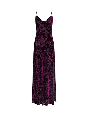 The Christine Burnout Velvet Dress by L'AGENCE is a deep purple, sleeveless dress with thin adjustable straps and an intricate textured floral pattern.
