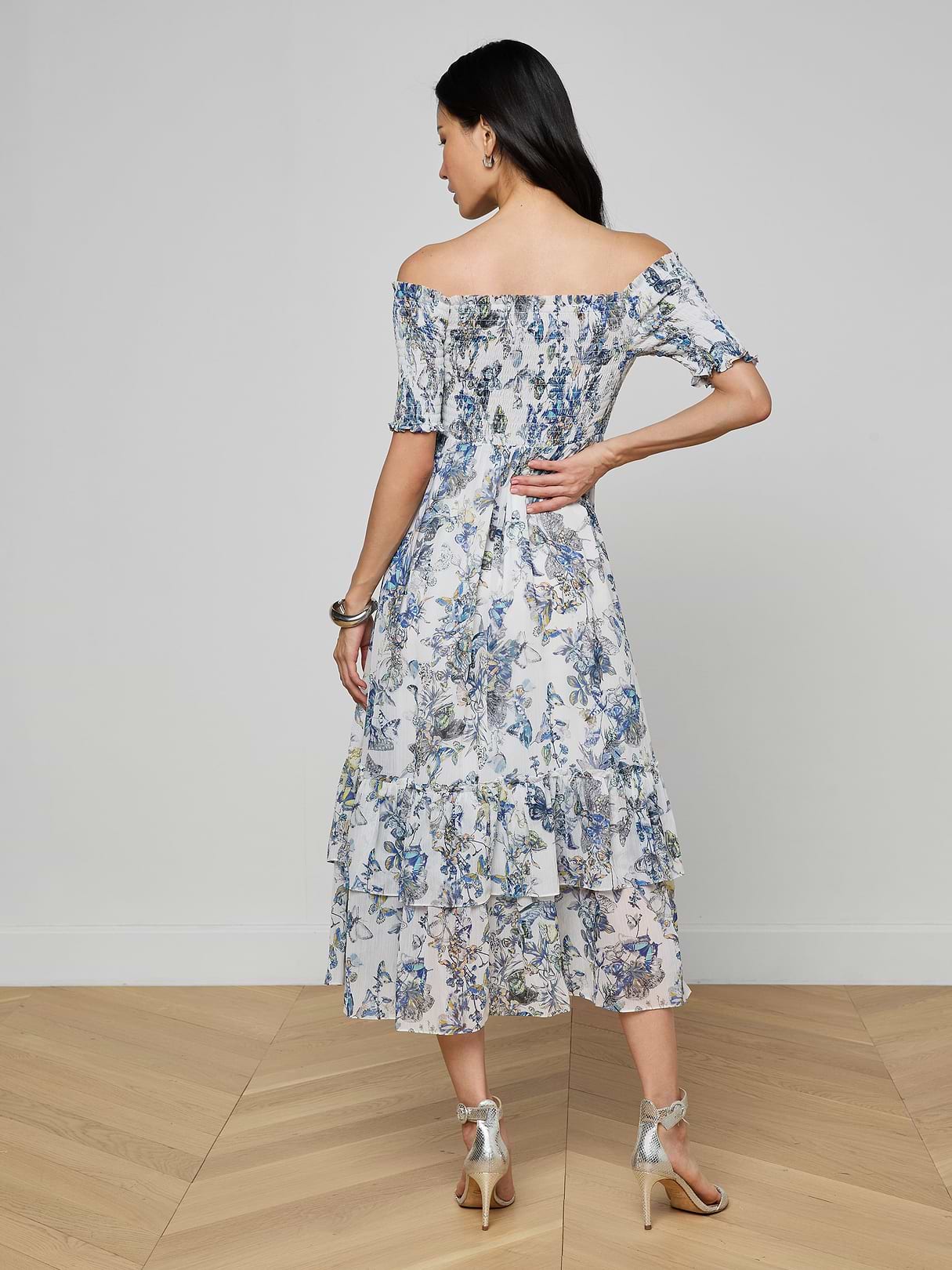 Oriel Off-Shoulder Dress in Grey Multi Watercolor Butterfly