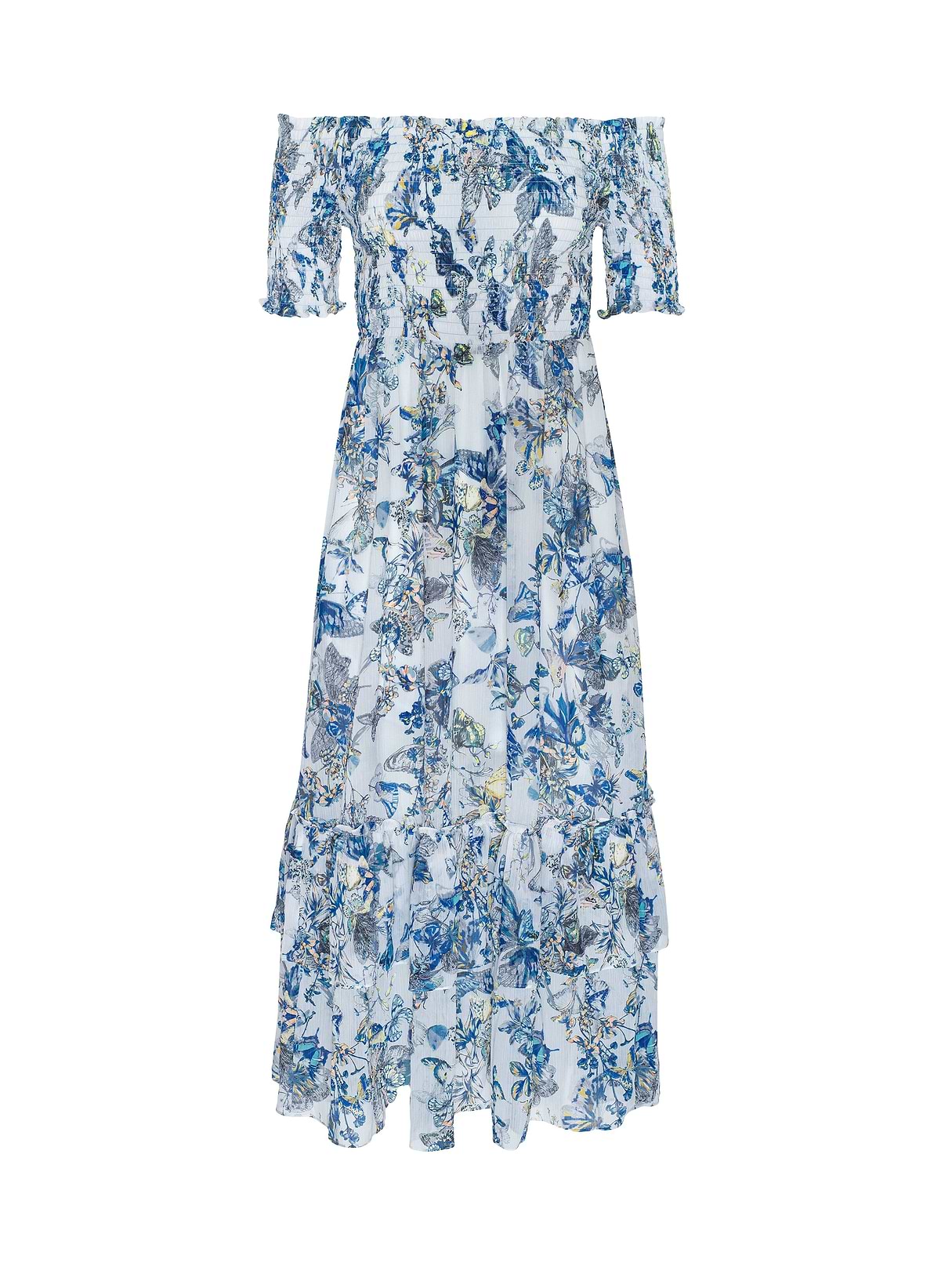 Oriel Off-Shoulder Dress in Grey Multi Watercolor Butterfly