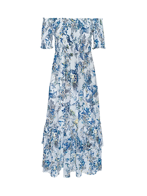 The Oriel Off-Shoulder Dress features a blue and white floral print, short sleeves, ruffled hem, and lightweight fabric for an effortlessly chic look.