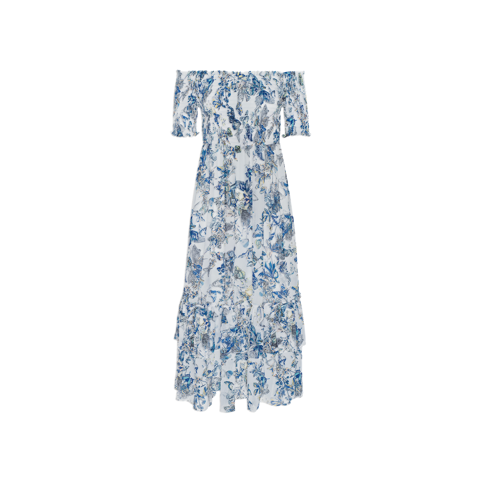 The Oriel Off-Shoulder Dress is a short-sleeve maxi dress adorned with a blue floral print on a white background. Designed with an off-the-shoulder neckline, this elegant dress highlights a fitted waist and a flowing, tiered skirt for graceful movement and added charm.