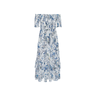 The Oriel Off-Shoulder Dress is a short-sleeve maxi dress adorned with a blue floral print on a white background. Designed with an off-the-shoulder neckline, this elegant dress highlights a fitted waist and a flowing, tiered skirt for graceful movement and added charm.