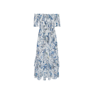 The Oriel Off-Shoulder Dress is a short-sleeve maxi dress adorned with a blue floral print on a white background. Designed with an off-the-shoulder neckline, this elegant dress highlights a fitted waist and a flowing, tiered skirt for graceful movement and added charm.