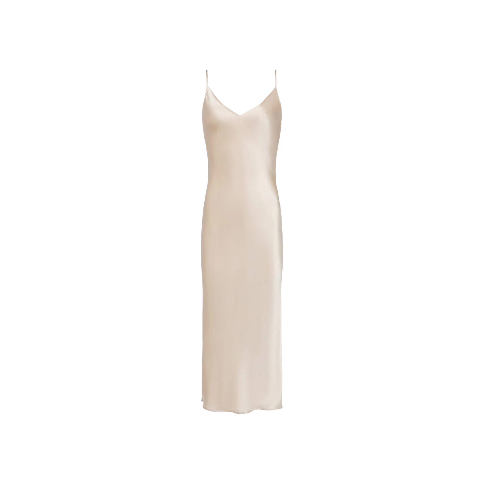 The Seridie Silk Slip Dress is a sleeveless, light beige champagne silk dress featuring thin spaghetti straps and a V-neckline, designed in a bias-cut silk silhouette and shown against a plain white background.