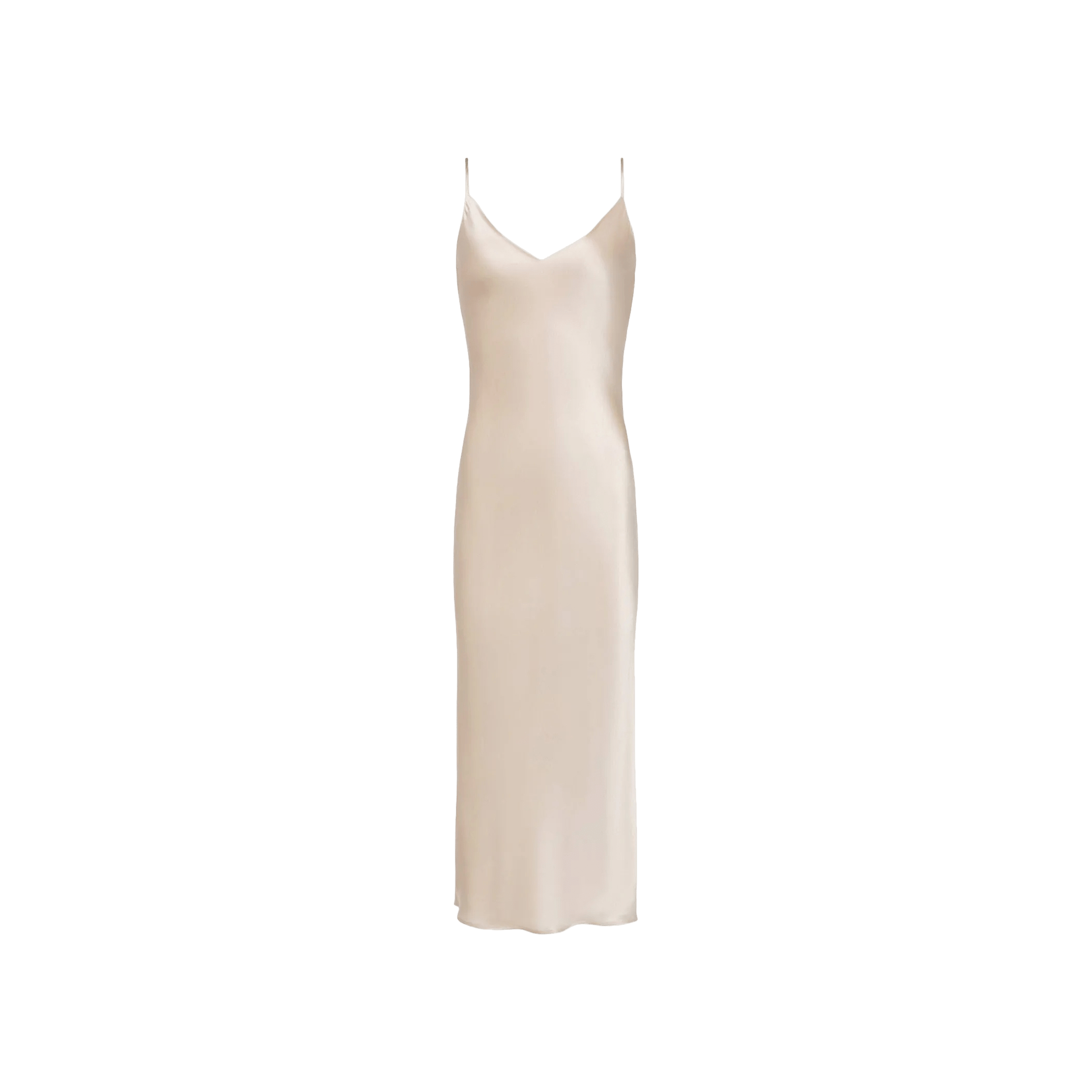 The Seridie Silk Slip Dress is a sleeveless, light beige champagne silk dress featuring thin spaghetti straps and a V-neckline, designed in a bias-cut silk silhouette and shown against a plain white background.