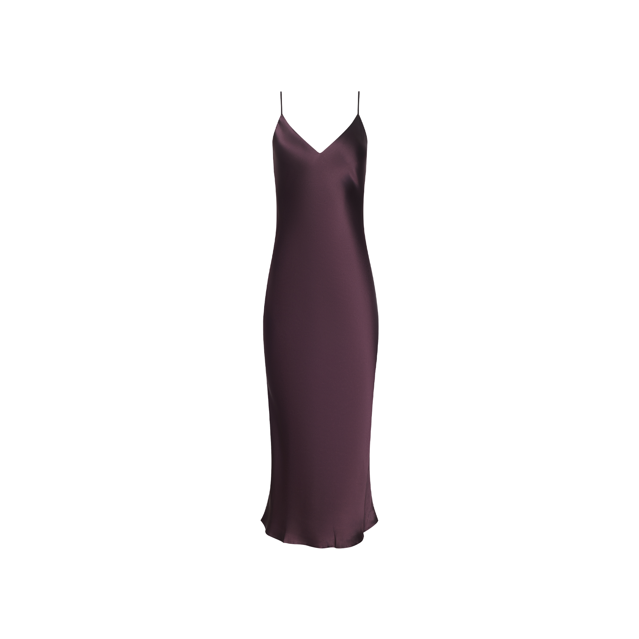 The Seridie Silk Slip Dress is a sleeveless, deep purple silk slip dress featuring thin spaghetti straps and a V-neckline, elegantly bias cut and displayed on a plain white background.