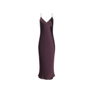 The Seridie Silk Slip Dress is a sleeveless, deep purple silk slip dress featuring thin spaghetti straps and a V-neckline, elegantly bias cut and displayed on a plain white background.