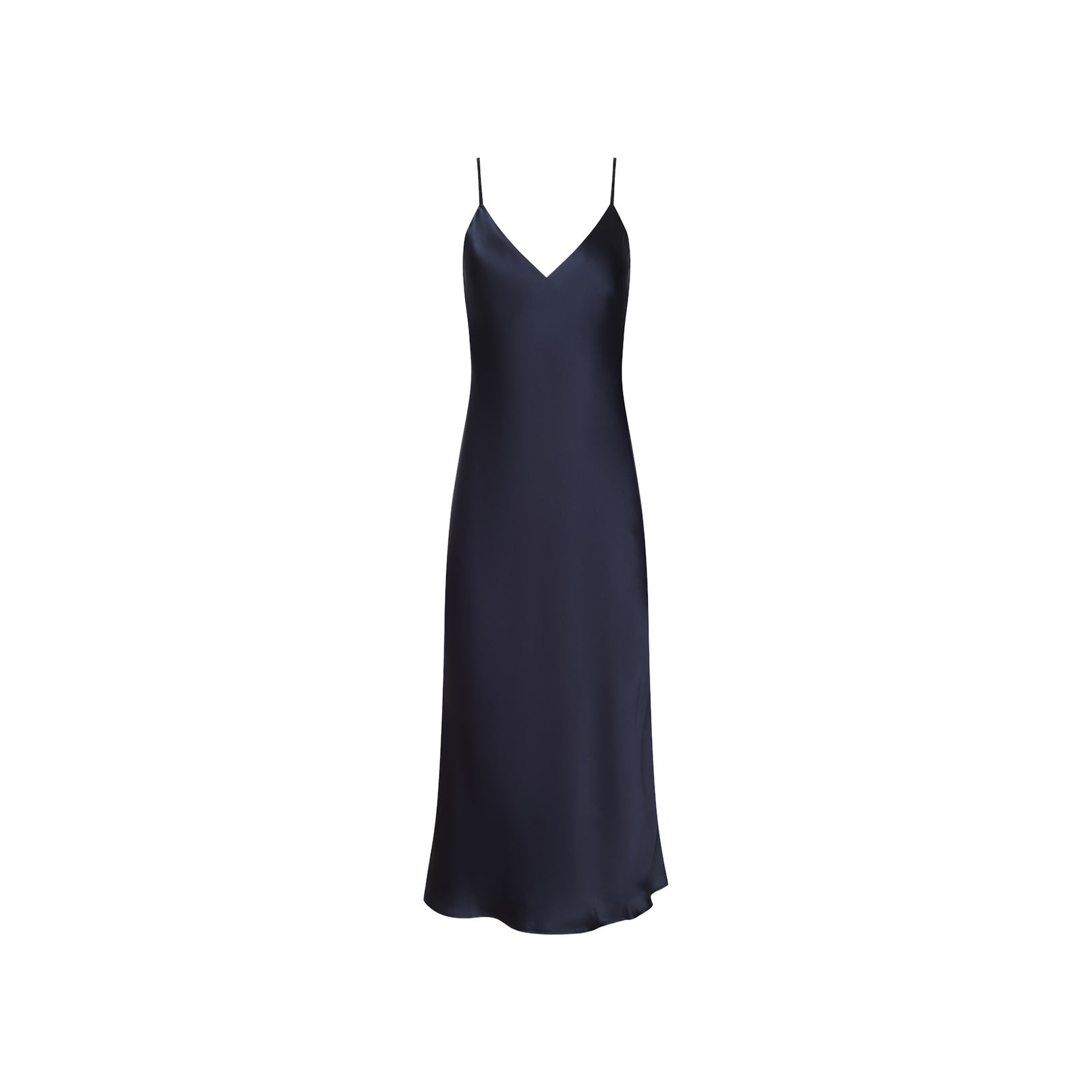 The Seridie Silk Slip Dress, in navy blue with thin spaghetti straps, a V-neckline, and a subtly flared hem, is displayed on a white background. This elegant midi dress is an ideal choice for a wedding guest.
