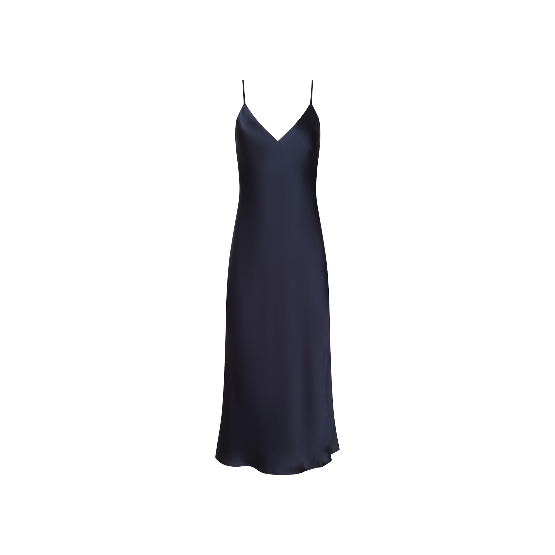 The Seridie Silk Slip Dress, in navy blue with thin spaghetti straps, a V-neckline, and a subtly flared hem, is displayed on a white background. This elegant midi dress is an ideal choice for a wedding guest.