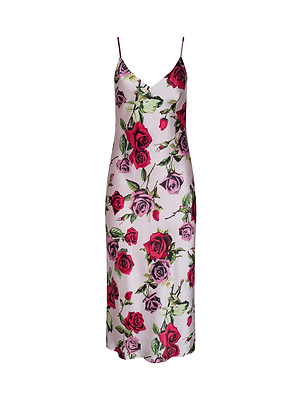 The Seridie Silk Slip Dress is a full-length, white bias-cut slip dress with spaghetti straps, featuring a sleeveless design and a delicate rose print with red and purple roses plus green leaves.