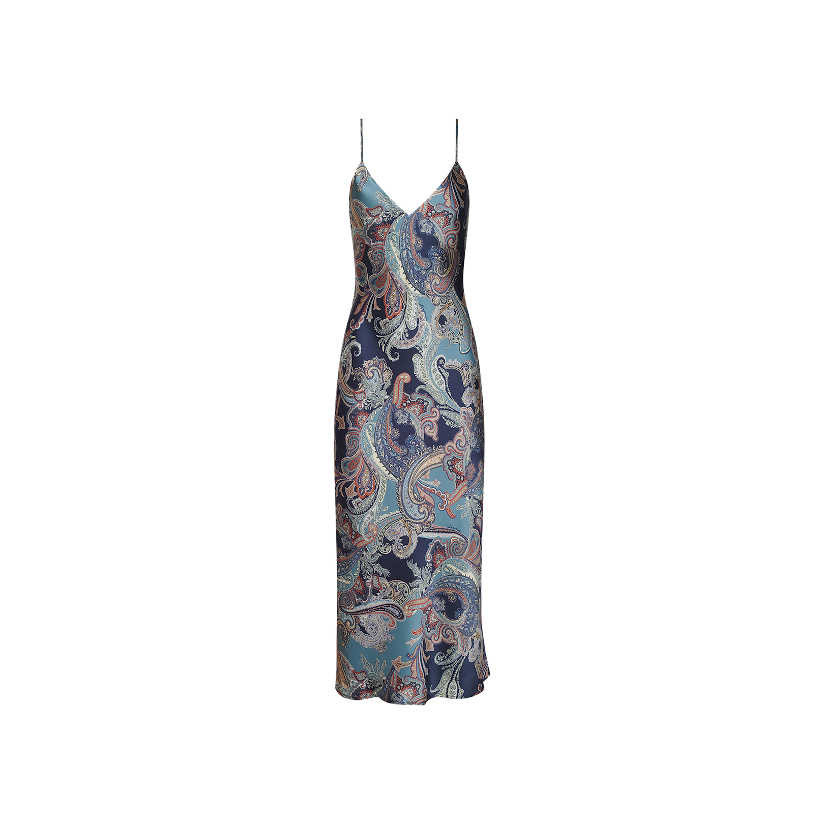The Seridie Silk Slip Dress is a sleeveless, V-neck midi dress crafted from bias-cut silk charmeuse with thin straps, showcasing a luxurious blue and navy paisley print.