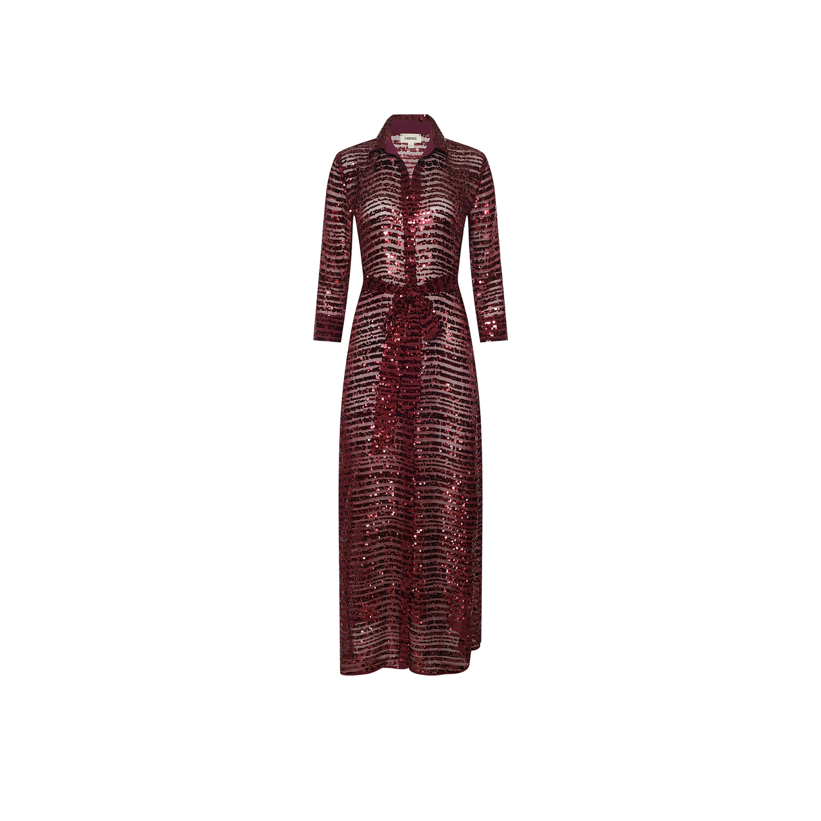 The Cameron Sequin Shirt Dress is a long-sleeved, burgundy shirt dress with a collared neckline, buttoned front, belted waist, and striking sequined stripes, showcased against a plain white background.