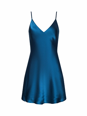 The Zaria Silk Mini Dress is a sleeveless, V-neck sapphire blue silk charmeuse dress with thin spaghetti straps and an A-line mini silhouette, shown on a white background.
