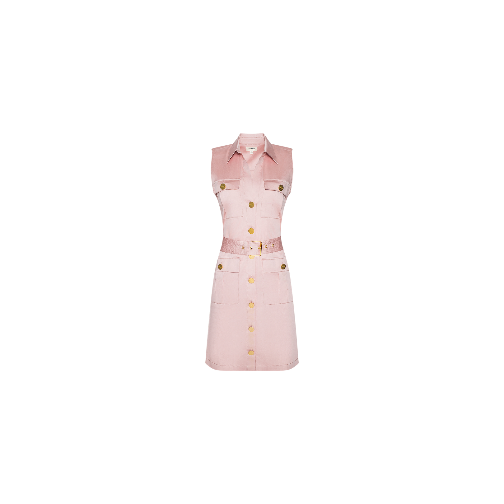 The Noam Poplin Shirt Dress is a sleeveless light pink cotton poplin shirt dress featuring gold buttons, front pockets, a belted waist, and a collared neckline, displayed on a white background.
