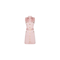 The Noam Poplin Shirt Dress is a sleeveless light pink cotton poplin shirt dress featuring gold buttons, front pockets, a belted waist, and a collared neckline, displayed on a white background.