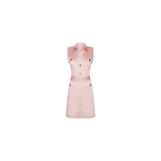 The Noam Poplin Shirt Dress is a sleeveless light pink cotton poplin shirt dress featuring gold buttons, front pockets, a belted waist, and a collared neckline, displayed on a white background.