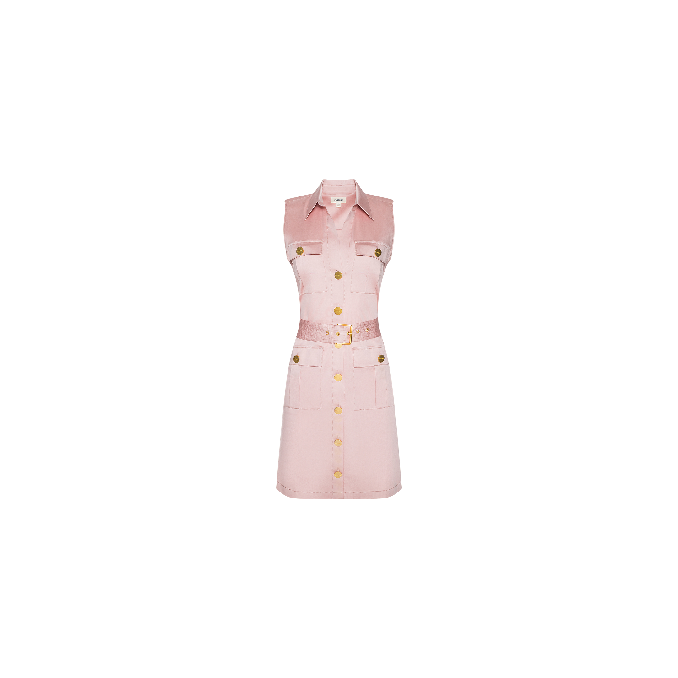 The Noam Poplin Shirt Dress is a sleeveless light pink cotton poplin shirt dress featuring gold buttons, front pockets, a belted waist, and a collared neckline, displayed on a white background.