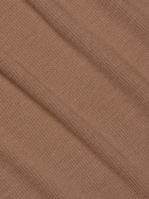 Close-up of the light brown, stretch rib fabric of the Ellis Racerback Dress by L'AGENCE, featuring fine vertical lines and soft diagonal folds that highlight its texture and subtle sheen—ideal for a slim fit mini dress.