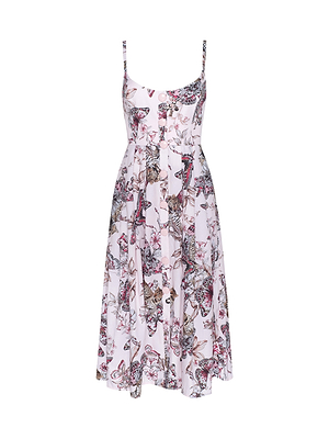 The Reanne Midi Dress is a sleeveless, knee-length linen dress with thin straps, a fitted bodice, button-down front, and a black, brown, and pink floral print on white.