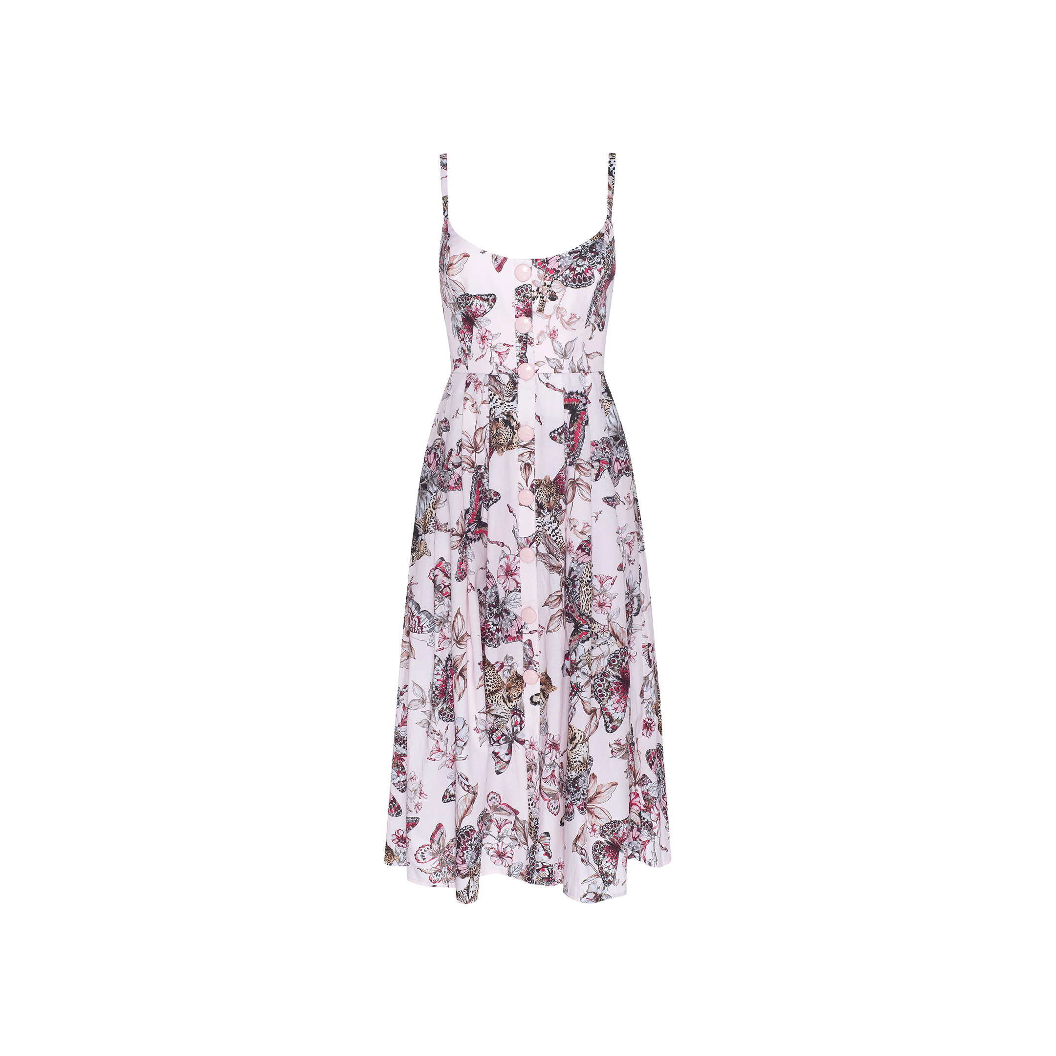 The Reanne Midi Dress is a sleeveless, midi-length linen dress with thin straps and a fitted bodice. It features a white base adorned with a vibrant butterfly jungle print and floral details. The smocked back ensures a comfortable fit.