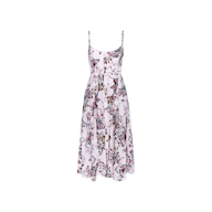 The Reanne Midi Dress is a sleeveless, midi-length linen dress with thin straps and a fitted bodice. It features a white base adorned with a vibrant butterfly jungle print and floral details. The smocked back ensures a comfortable fit.