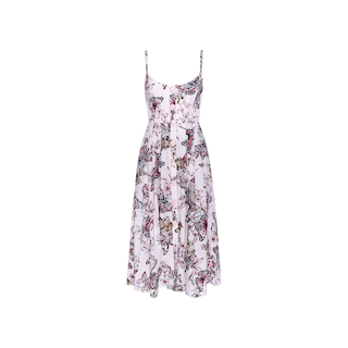 The Reanne Midi Dress is a sleeveless, white linen blend midi dress featuring thin straps and a butterfly jungle print in shades of purple, pink, and brown, shown against a plain white background.