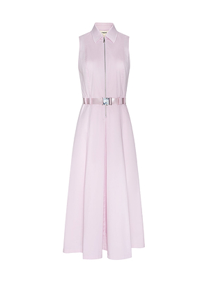 The Kolton Dress is a sleeveless light pink piece with a collar, front zipper, eye-catching silver buckle belt, fitted waist, and flared knee-length skirt, shown on a white background.