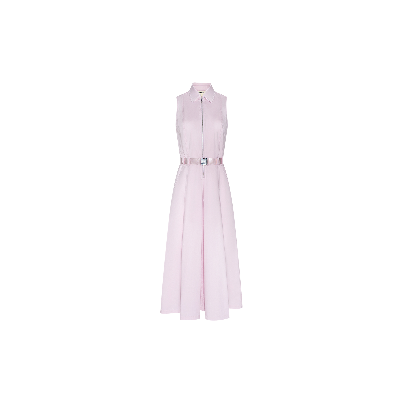 Sleeveless light pink Kolton Dress featuring a collared neckline, button-down front, and statement waist belt, shown against a plain white background.