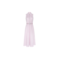 The Kolton Dress, shown in a sleeveless, pastel lilac design with a collared neckline, button-down front, and statement waist belt, is displayed against a plain white background.