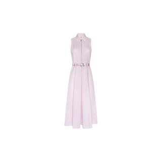 Sleeveless light pink Kolton Dress featuring a collared neckline, button-down front, and statement waist belt, shown against a plain white background.