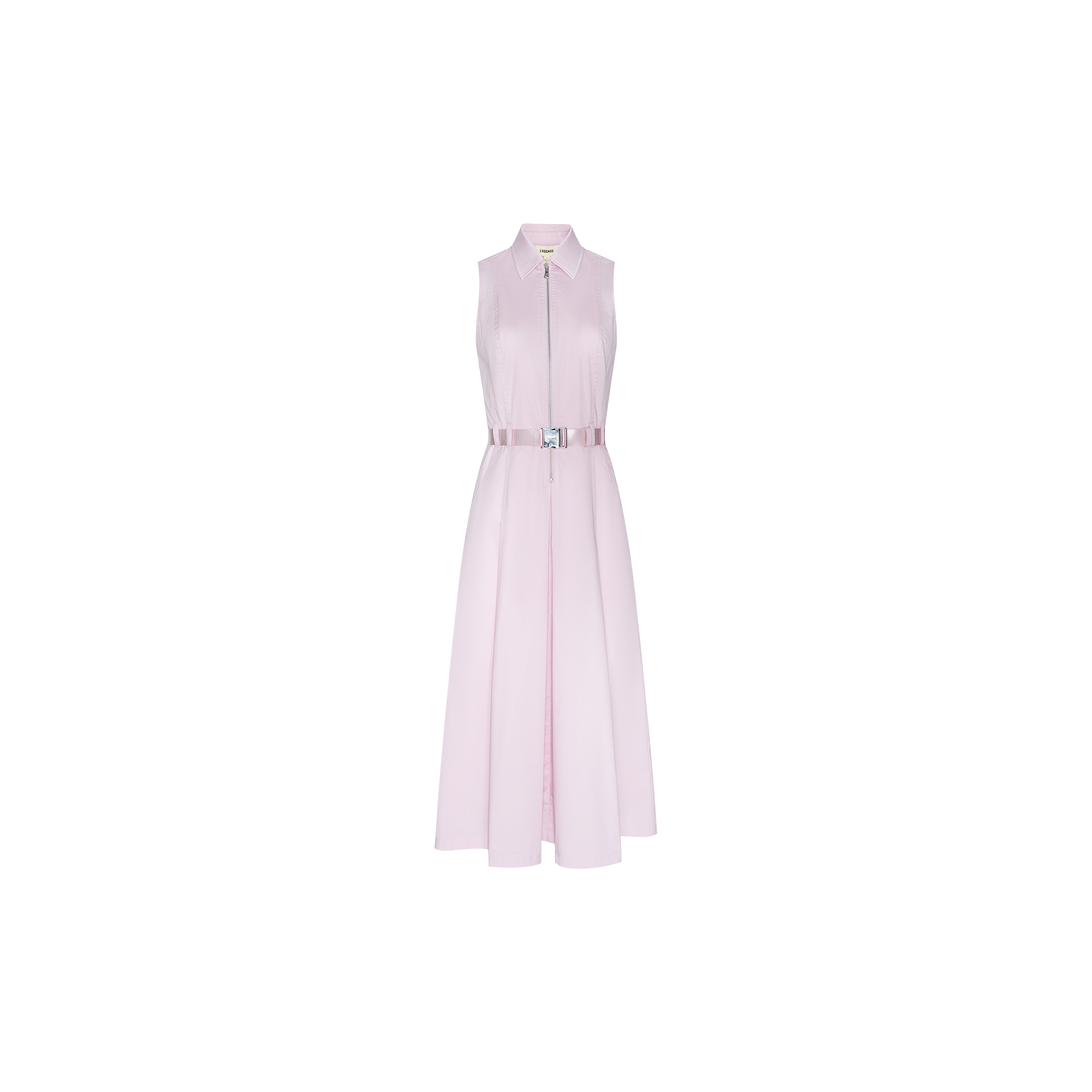 The Kolton Dress, shown in a sleeveless, pastel lilac design with a collared neckline, button-down front, and statement waist belt, is displayed against a plain white background.