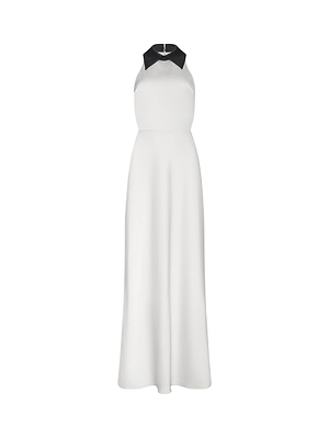 The Rossi Cutout Gown by L'AGENCE is a sleeveless, floor-length white dress with a fitted bodice, bold black collar, and clean silhouette—free from patterns or embellishments—for a timelessly sophisticated look.