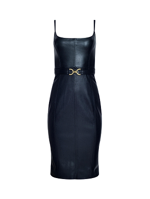 The Halia Vegan Leather Dress by L'AGENCE features a black, fitted midi silhouette with thin straps, a square neckline, gold buckle belt at the waist, and front seam detailing for a sleek look.
