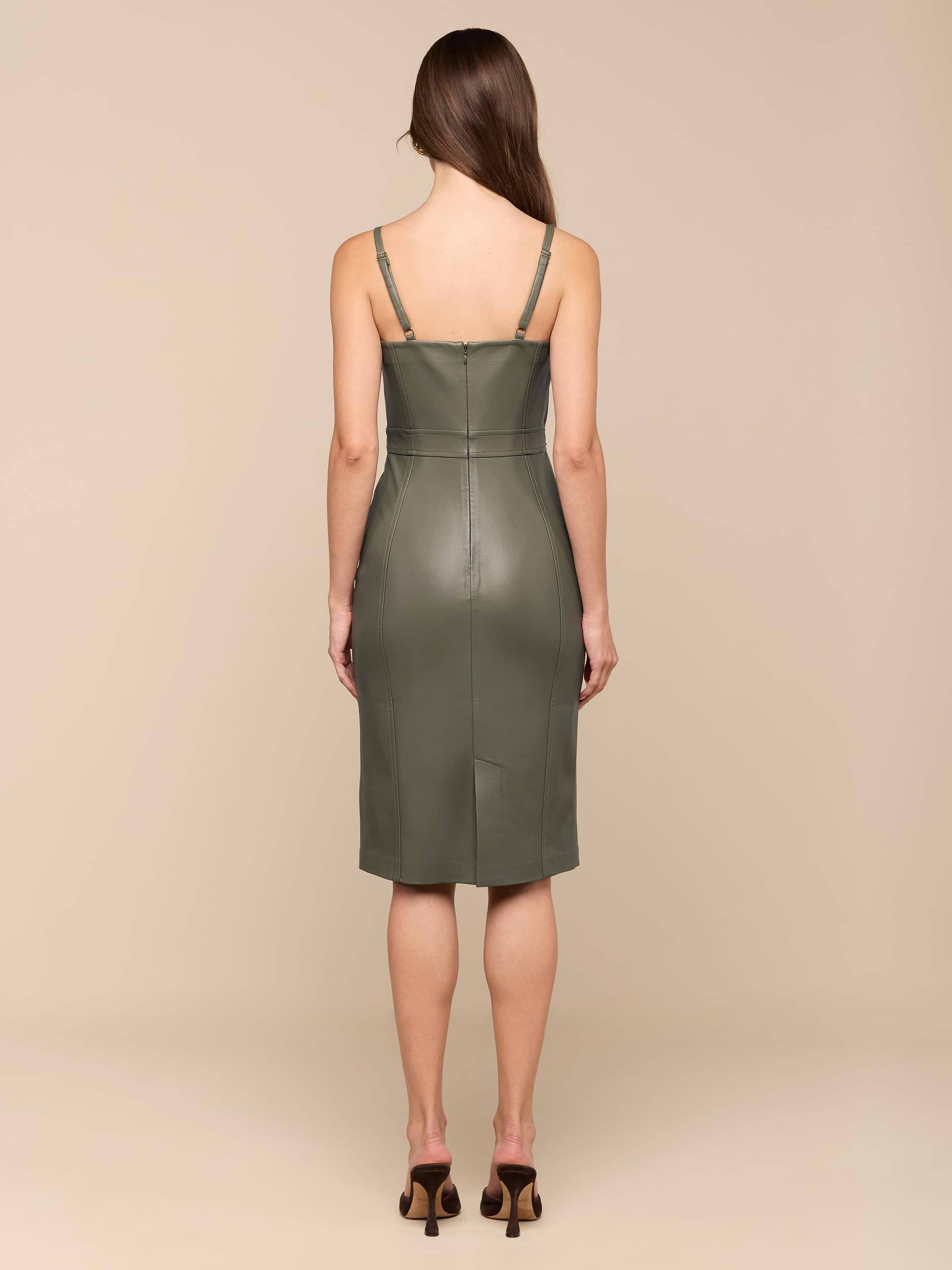 Halia Vegan Leather Dress in Smokey Olive