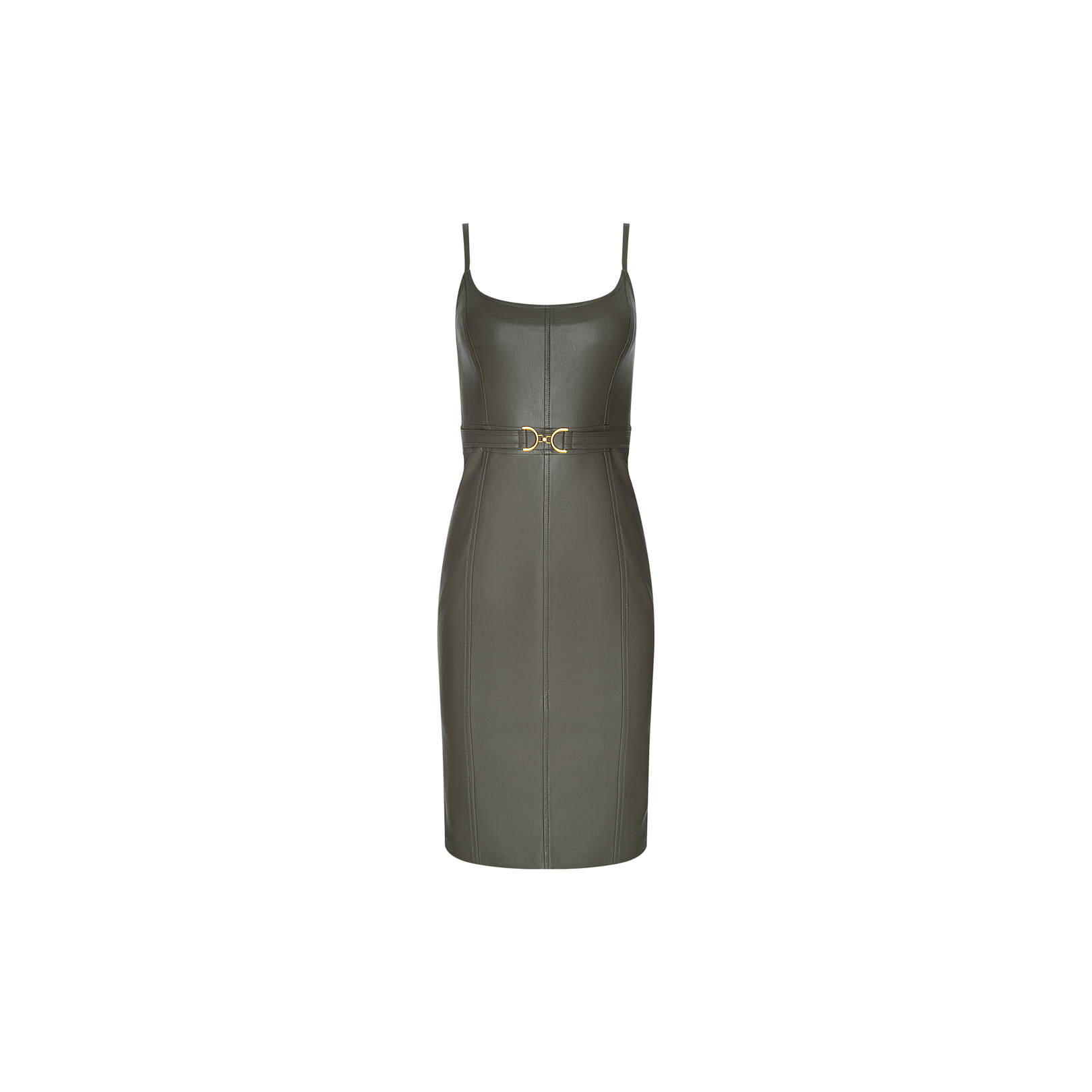 The Halia Vegan Leather Dress is a sleeveless, smoky olive midi dress with thin straps and a form-fitting silhouette, highlighted by a gold buckle belt detail at the waist. It is displayed on a plain white background.