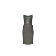 The Halia Vegan Leather Dress is a sleeveless, smoky olive midi dress featuring thin straps, a fitted silhouette, and a gold belt detail at the waist, shown against a plain white background.