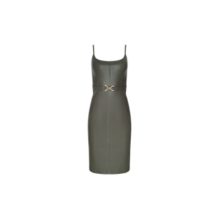 The Halia Vegan Leather Dress is a sleeveless, smoky olive midi dress with thin straps and a form-fitting silhouette, highlighted by a gold buckle belt detail at the waist. It is displayed on a plain white background.