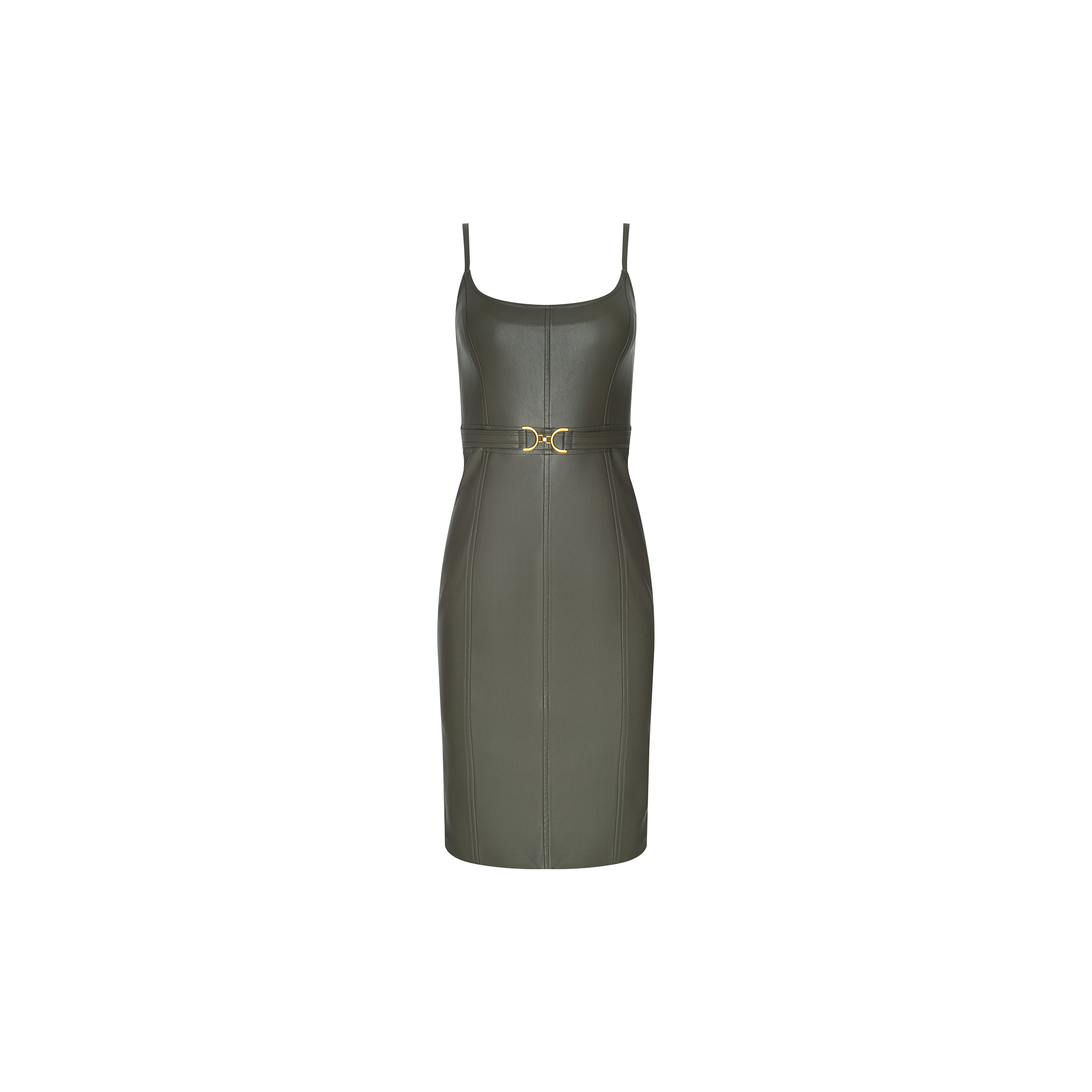 The Halia Vegan Leather Dress is a sleeveless, smoky olive midi dress featuring thin straps, a fitted silhouette, and a gold belt detail at the waist, shown against a plain white background.