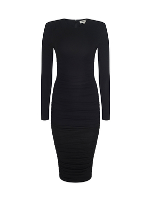 The Paityn Shirred Dress is a fitted, long-sleeve black stretch jersey dress with a crew neckline, shoulder pads, and ruched side details, shown on a plain white background.