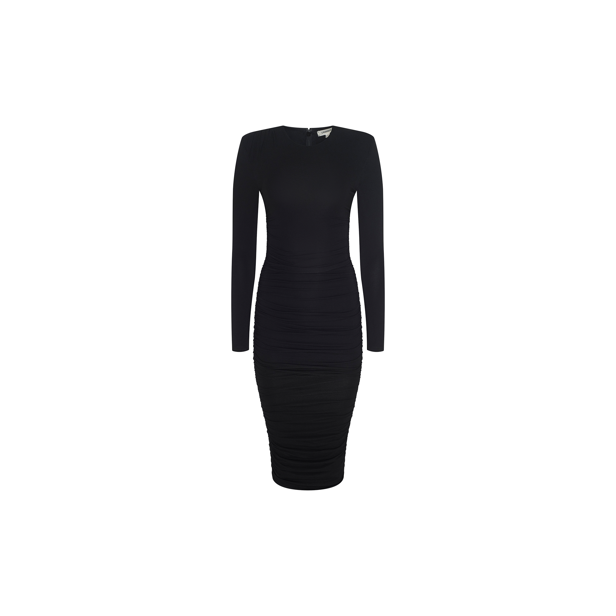 The Paityn Shirred Dress is a fitted, long-sleeve black dress crafted from stretch jersey, featuring a ruched design, high neckline, and subtle shoulder pads for a simple yet elegant style. Shown against a plain white background.