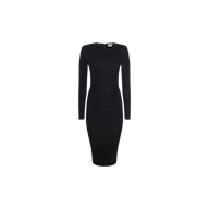 The Paityn Shirred Dress is a fitted, long-sleeve black dress crafted from stretch jersey, featuring a ruched design, high neckline, and subtle shoulder pads for a simple yet elegant style. Shown against a plain white background.