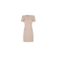 Cori Mini Dress in structured beige featuring a short-sleeve design with padded shoulders, four front pockets, and gold-tone hardware.