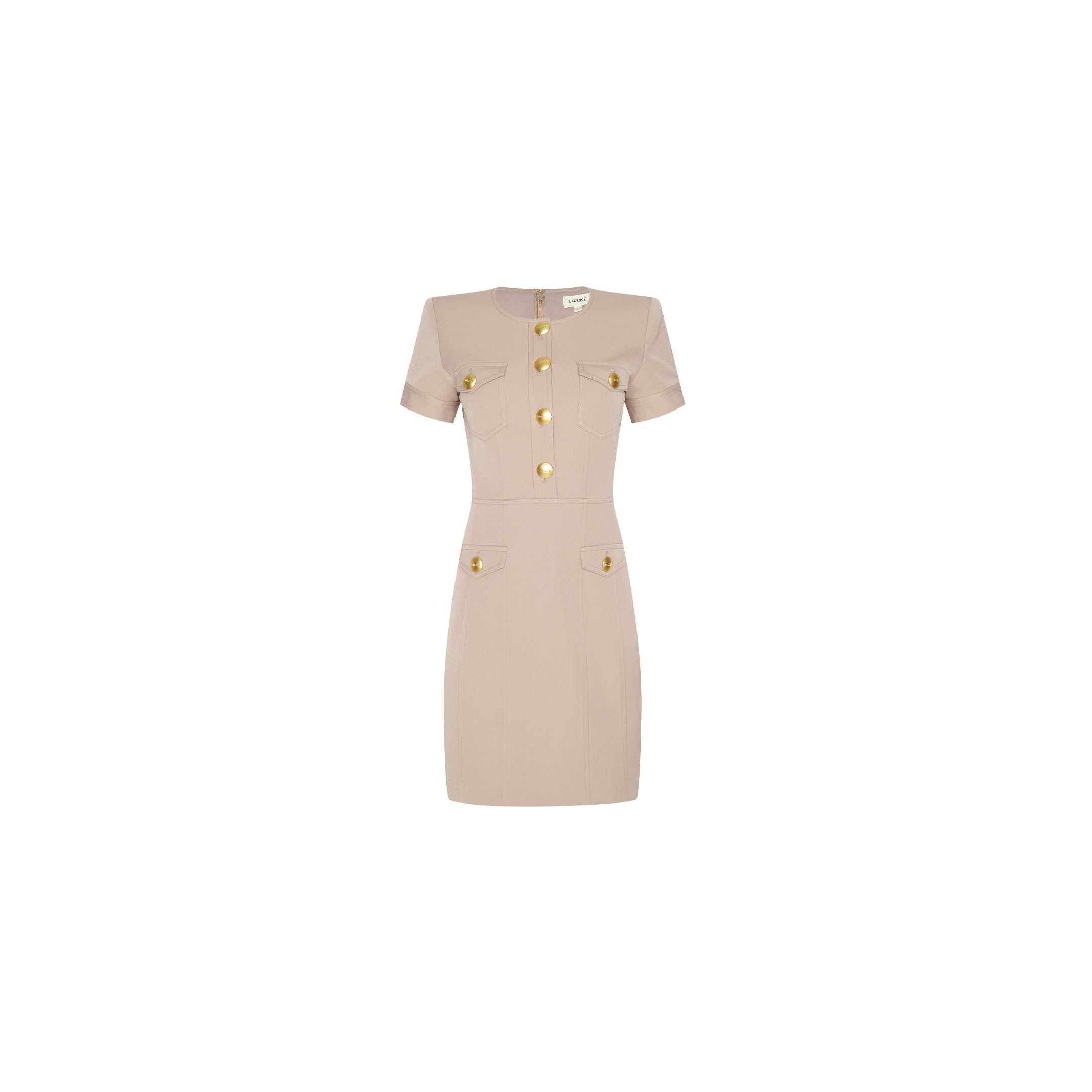 Cori Mini Dress in structured beige featuring a short-sleeve design with padded shoulders, four front pockets, and gold-tone hardware.