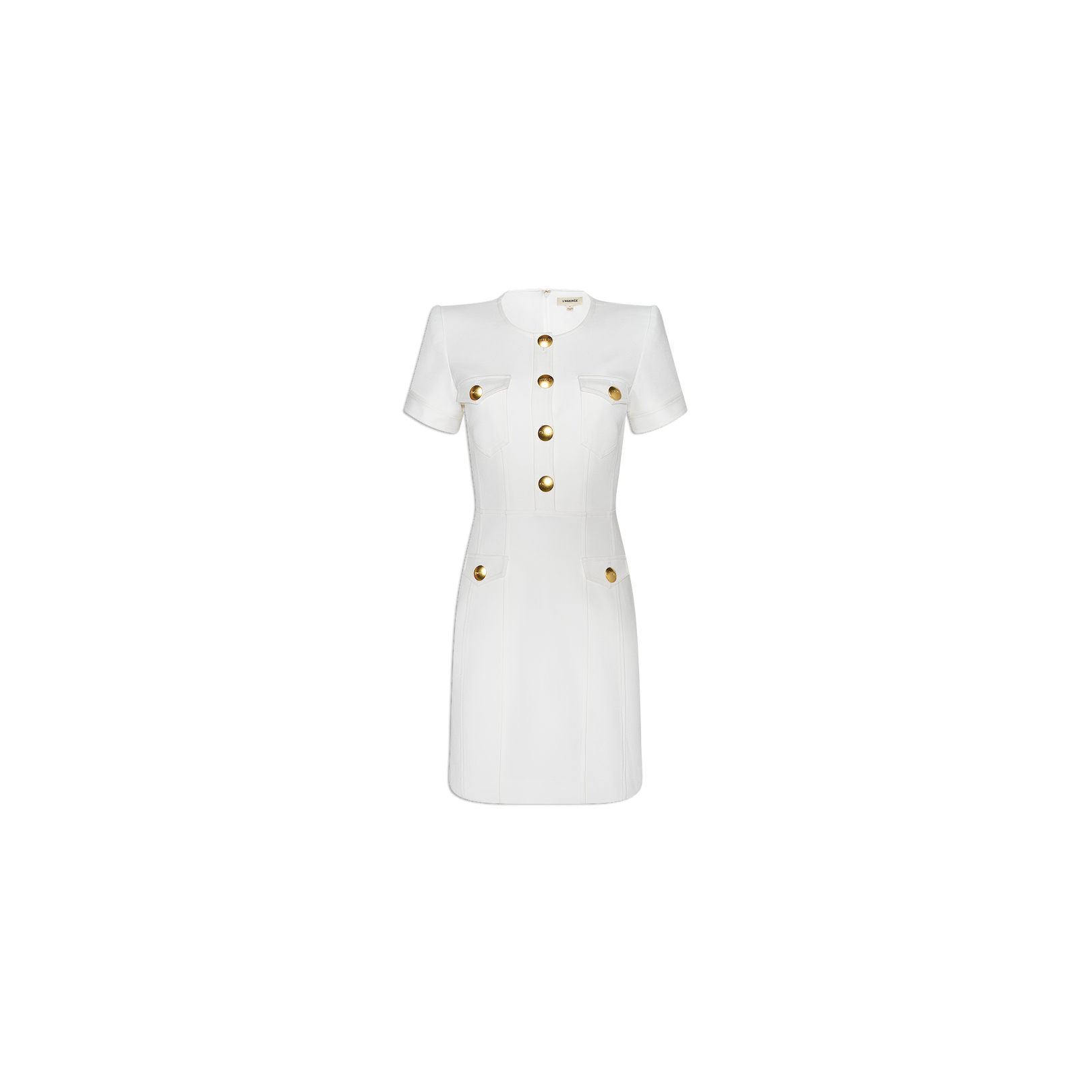 The Cori Mini Dress is a white, short-sleeved mini dress accented with gold-tone hardware on the front buttons as well as on its two chest and two hip pockets. Displayed against a plain white background, this dress features a structured fit that lends a polished touch to its classic silhouette.