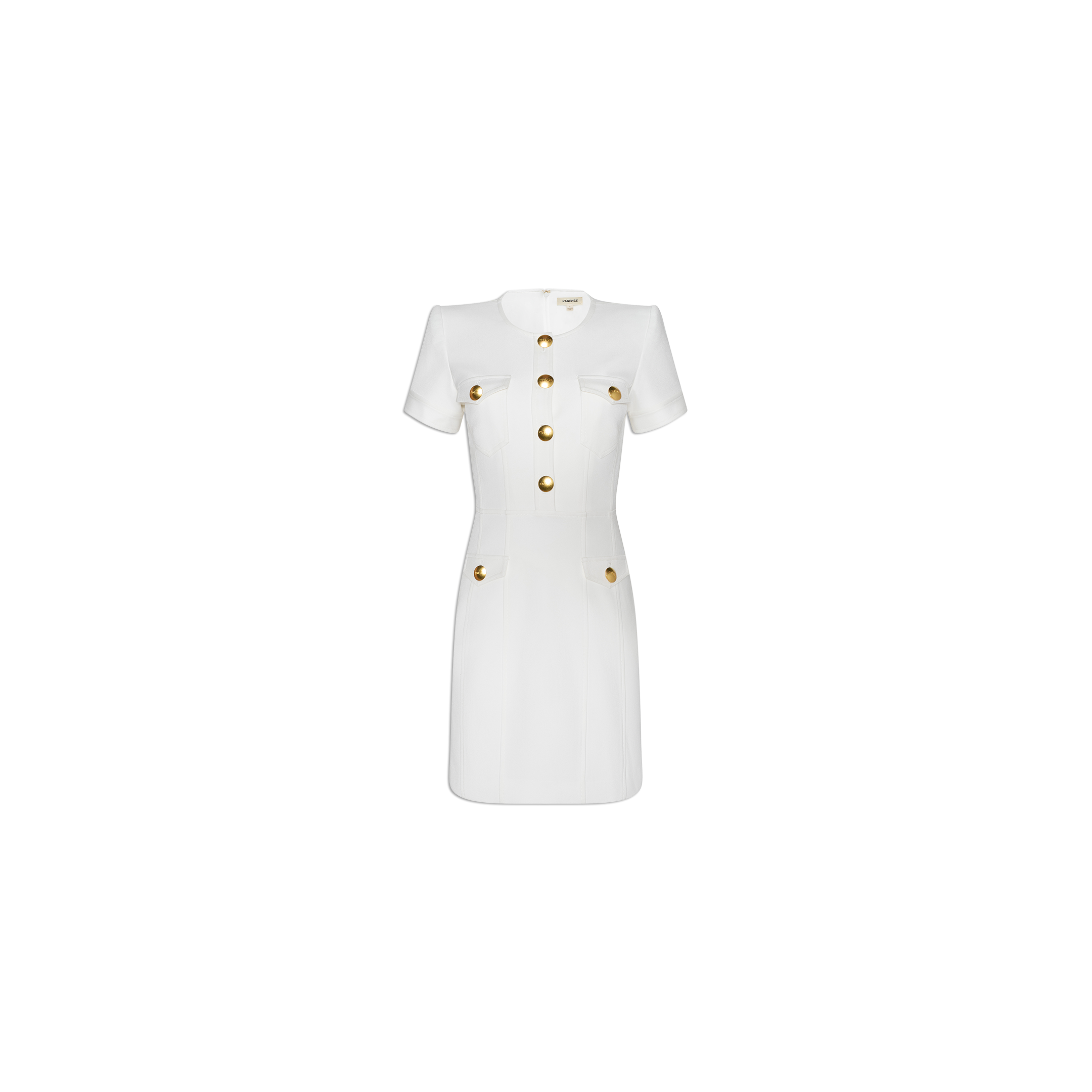 The Cori Mini Dress is a white, short-sleeved mini dress accented with gold-tone hardware on the front buttons as well as on its two chest and two hip pockets. Displayed against a plain white background, this dress features a structured fit that lends a polished touch to its classic silhouette.