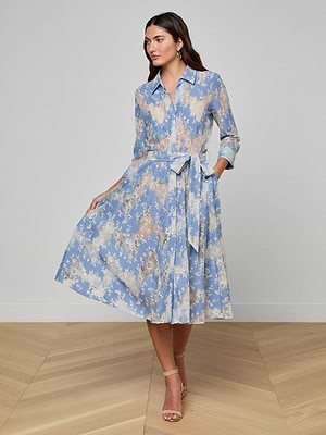 L'AGENCE Ralphie Lace Midi Dress In Allure Blue/Ivory L'AGENCE Ralphie Lace Midi Dress In Allure Blue/Ivory