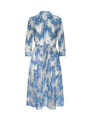 The Ralphie Lace Midi Dress is a knee-length, long-sleeved shirt dress with a collar, blue and ivory floral print, front buttons, and a matching belt at the waist.