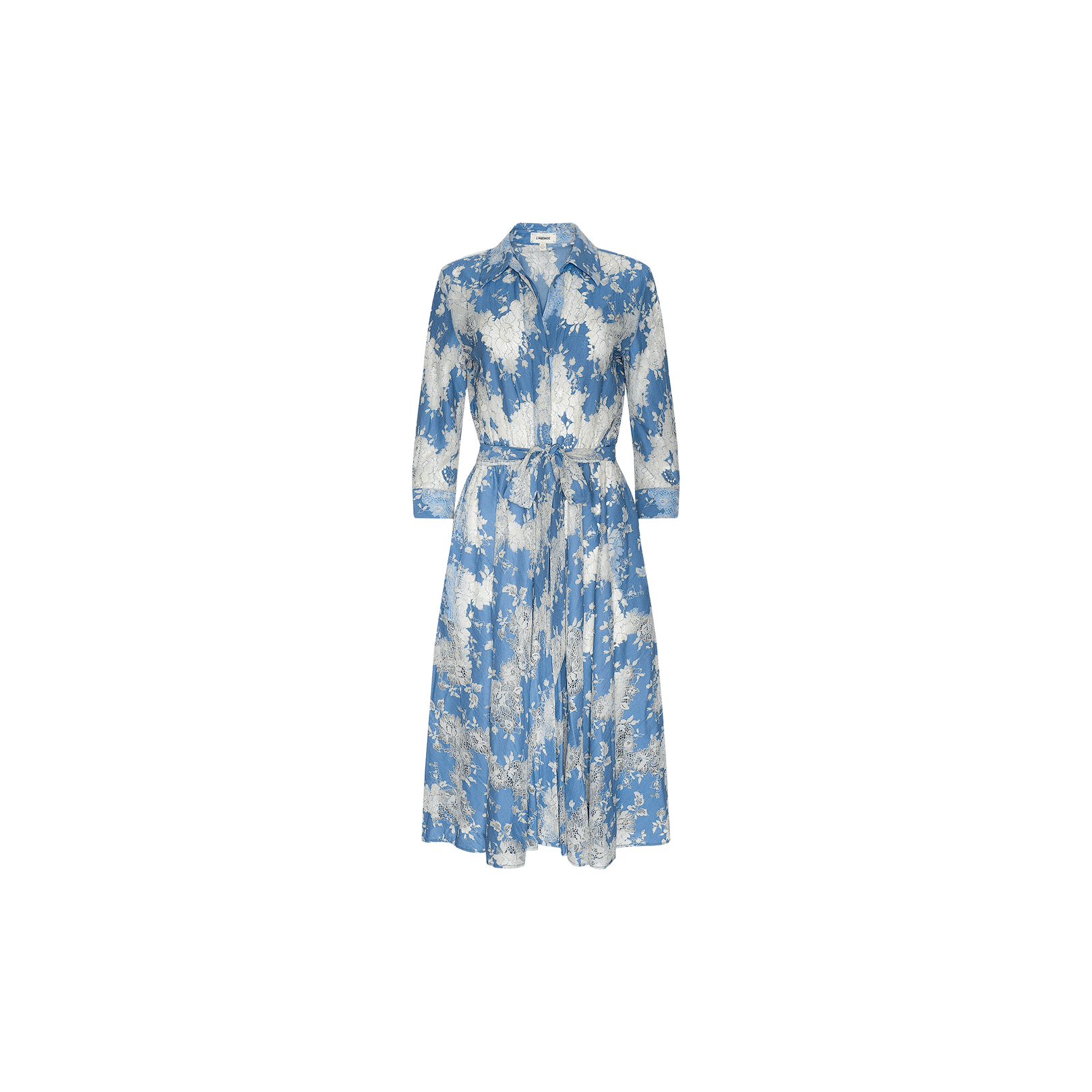 Ralphie Lace Midi Dress featuring a blue and white floral print, collared neckline, long sleeves, button-down front, and a matching fabric belt at the waist, displayed on a plain white background.