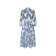 Ralphie Lace Midi Dress in a blue and white floral print, featuring a collared neckline, long sleeves, and a matching fabric waist tie.