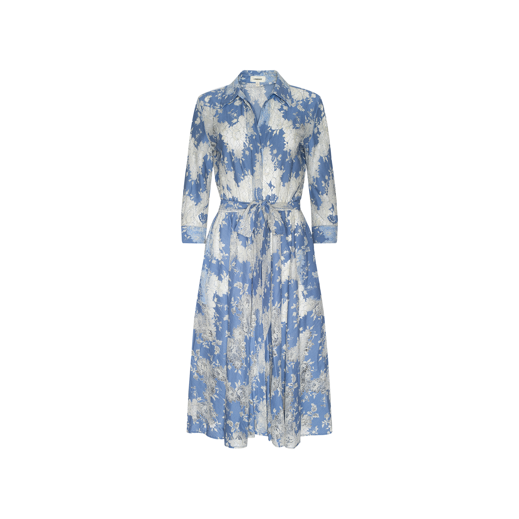 Ralphie Lace Midi Dress in a blue and white floral print, featuring a collared neckline, long sleeves, and a matching fabric waist tie.
